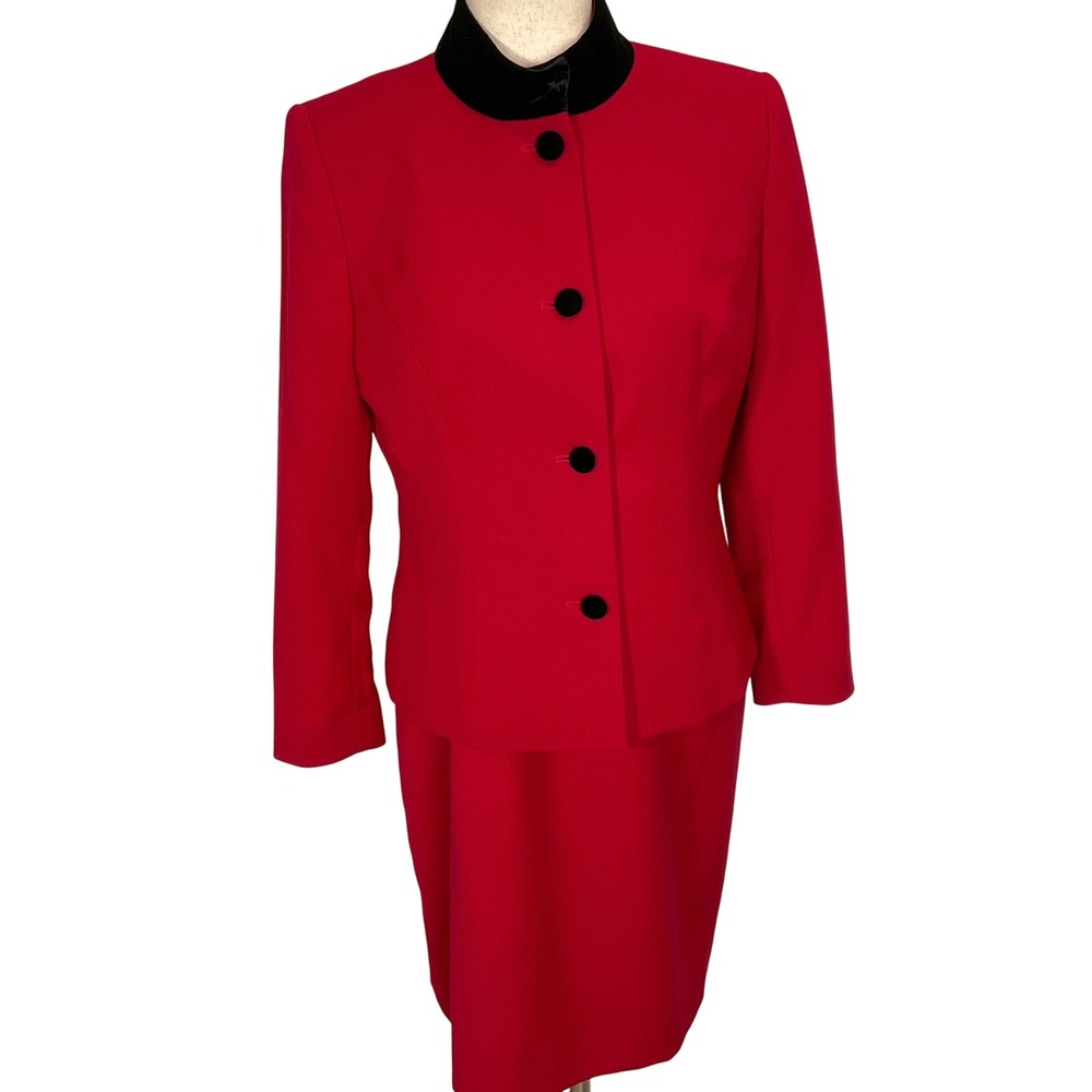 Talbots Dress Jacket Set Women 6P Red Black Sheath Wool Crepe Velvet 80s